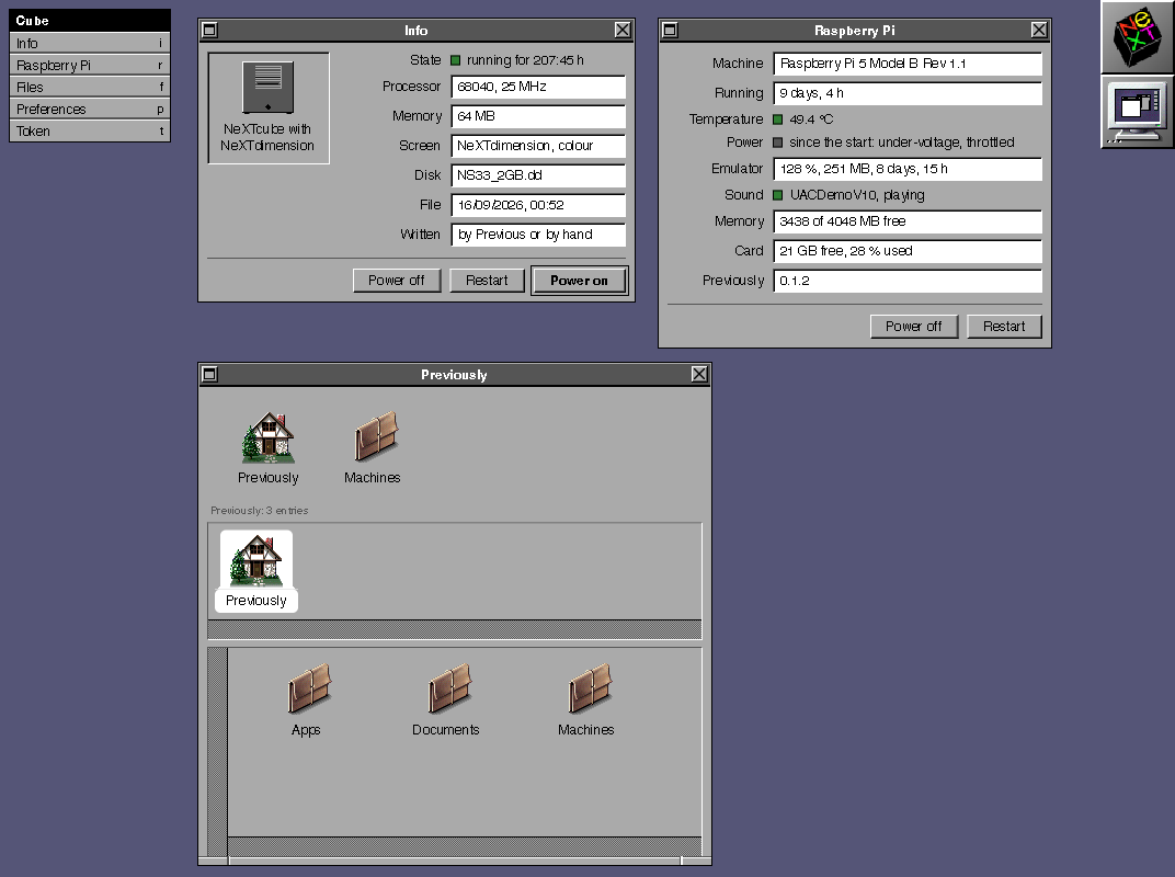 The admin tool in a browser: a main menu, an Info panel for the emulated NeXTcube, a Raspberry Pi panel with the host's readings, and a File Viewer showing folders as icons.